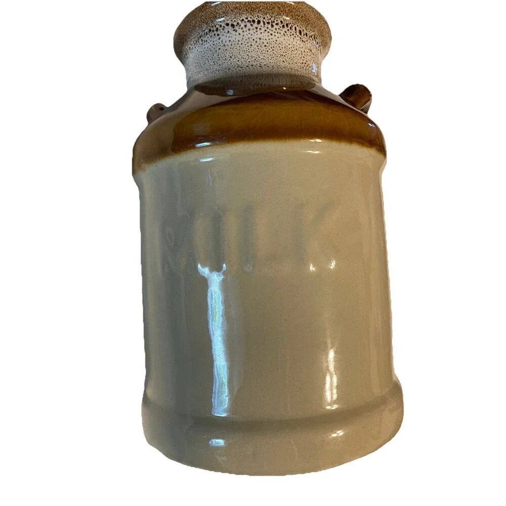 Vintage Ceramic Brown Tan Two-Tone Glazed Milk Jug Rustic Country Farmhouse